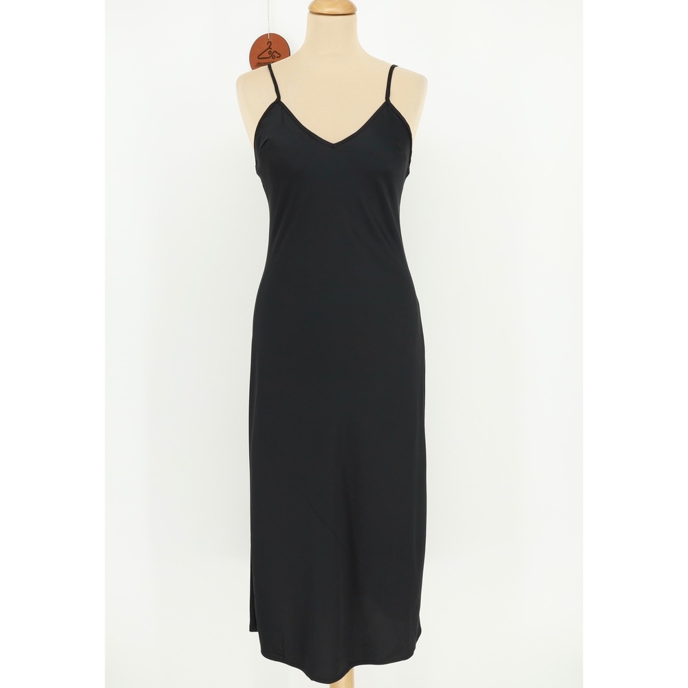 Anthropologie Black V Neck Spaghetti Strap Midi Slip Dress XS Minimalist Satin